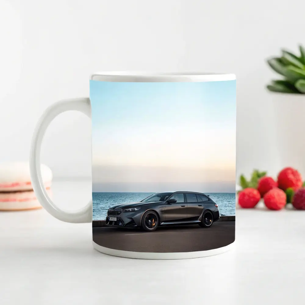BMW M5 Touring Gray Parked by Sea – Mugs