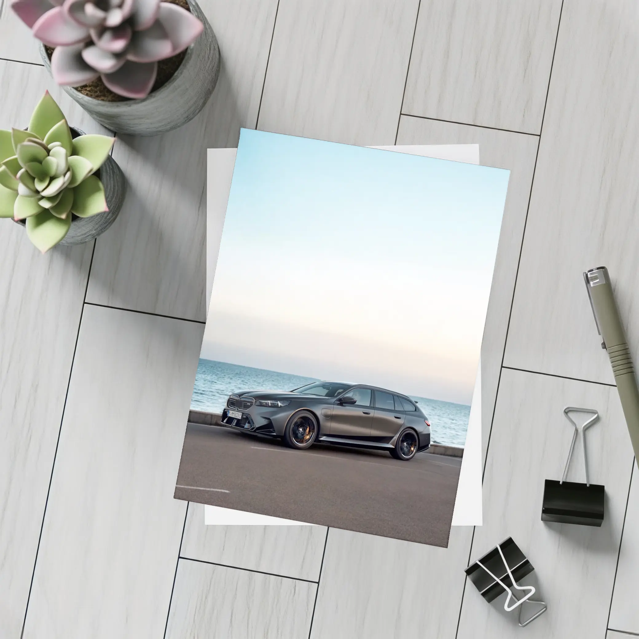 BMW M5 Touring Gray Parked by Sea – Postcards