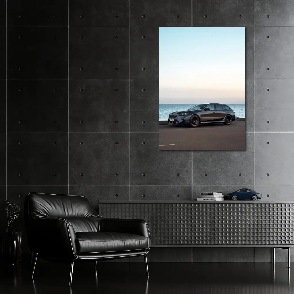 BMW M5 Touring Gray Parked by Sea – Wall Art