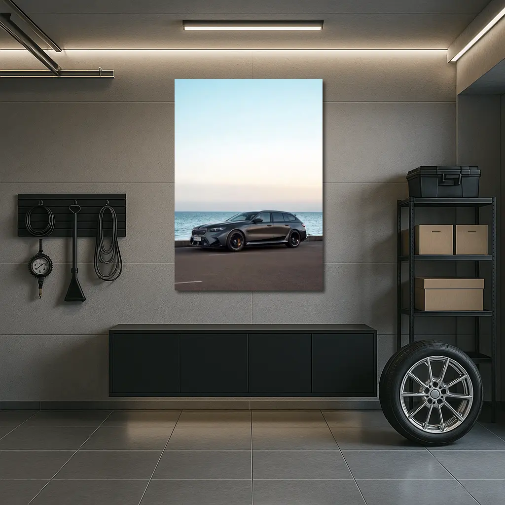 BMW M5 Touring Gray Parked by Sea – Wall Art