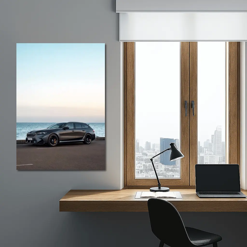 BMW M5 Touring Gray Parked by Sea – Wall Art