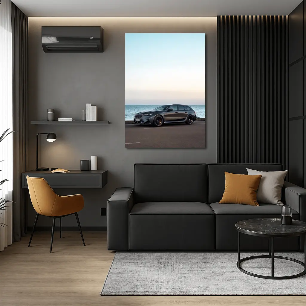 BMW M5 Touring Gray Parked by Sea – Wall Art