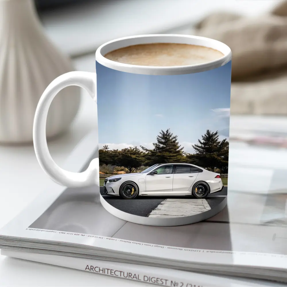 BMW M5 White Sedan On Track – Mugs