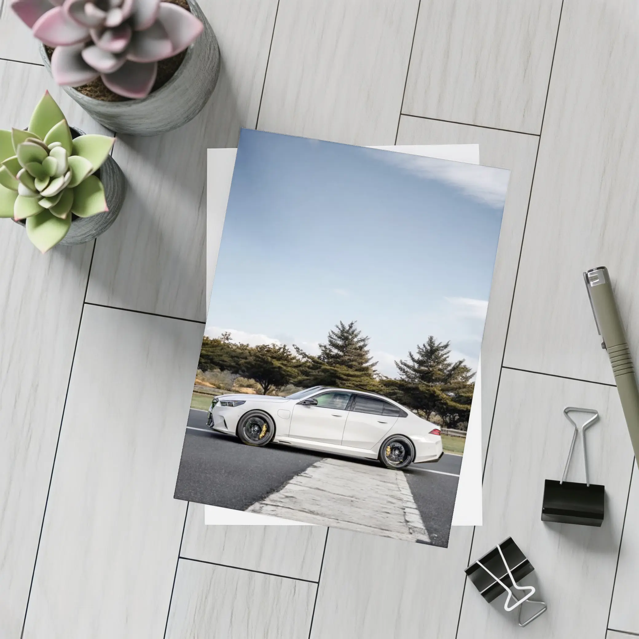 BMW M5 White Sedan On Track – Postcards