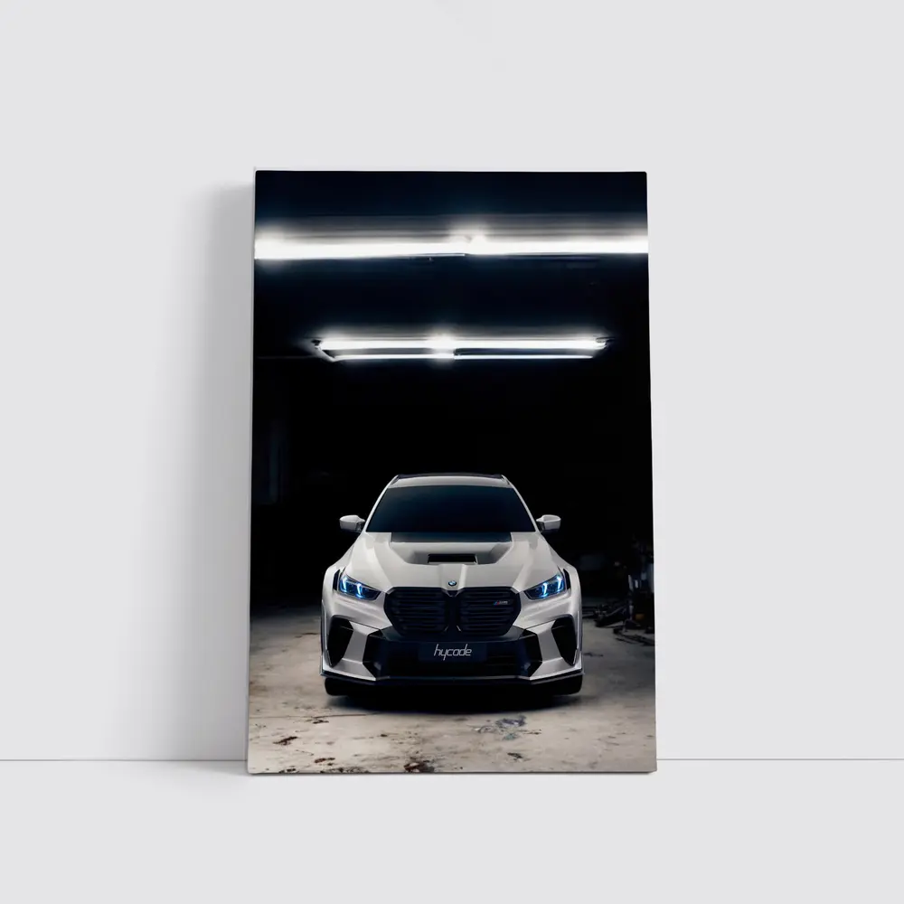 BMW M5 White Front View Dark Garage – Wall Art