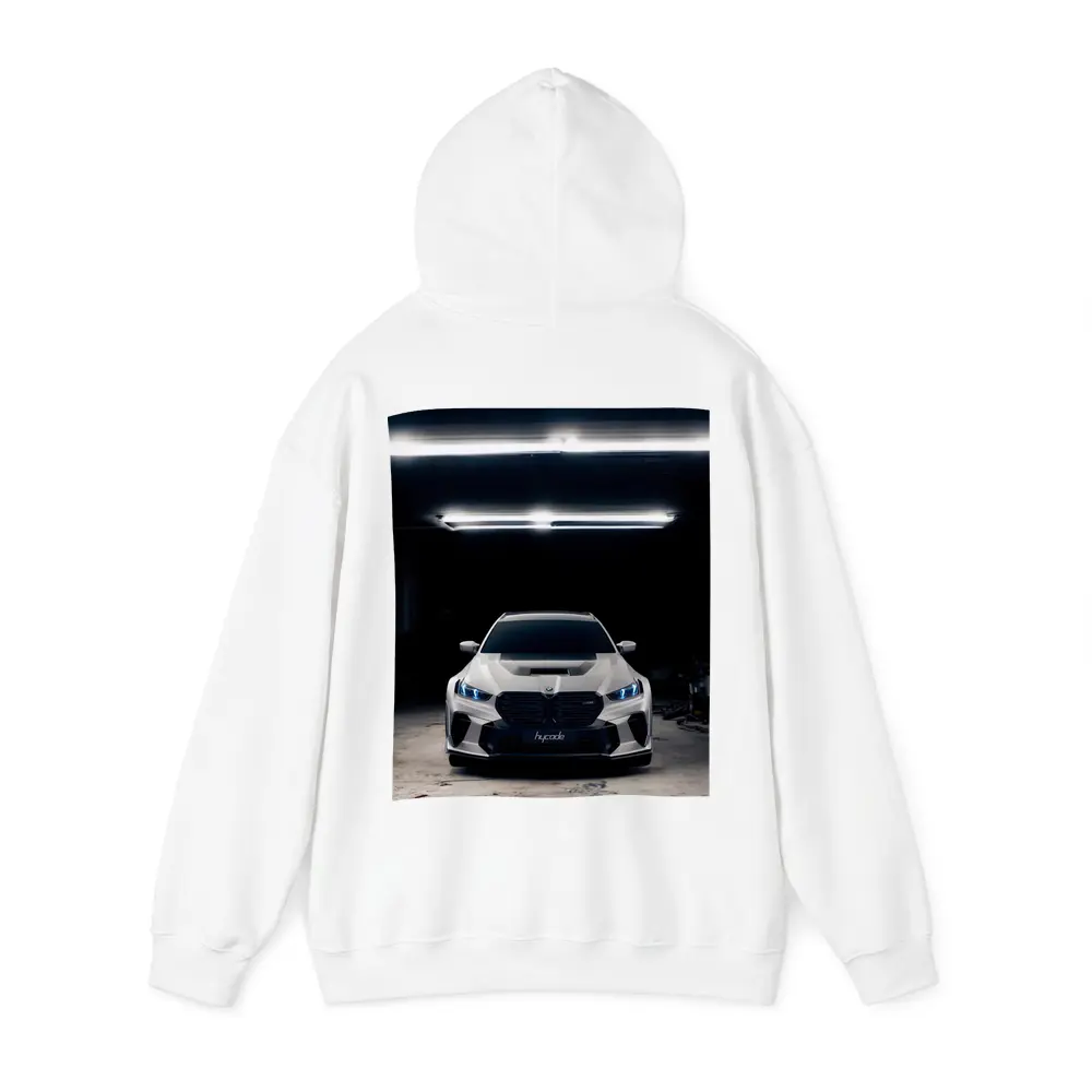 BMW M5 White Front View Dark Garage – Hoodies