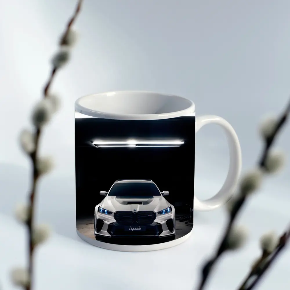 BMW M5 White Front View Dark Garage – Mugs
