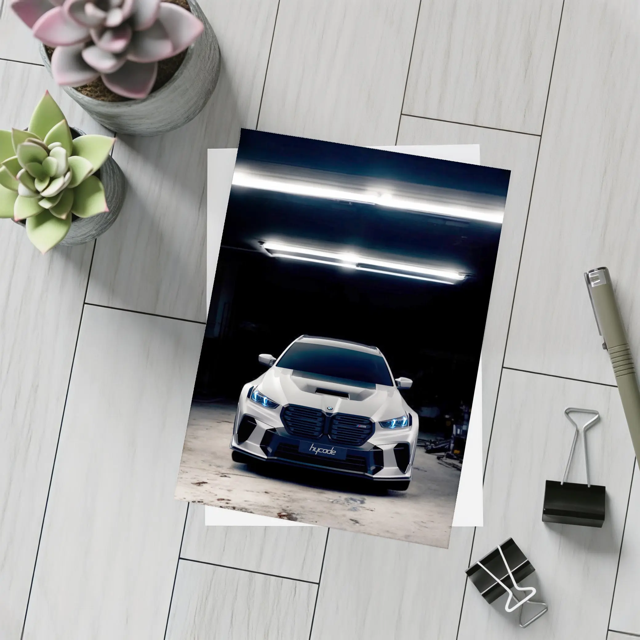 BMW M5 White Front View Dark Garage – Postcards