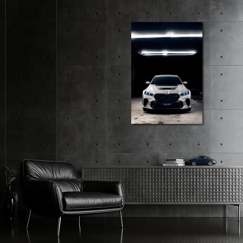 BMW M5 White Front View Dark Garage – Wall Art