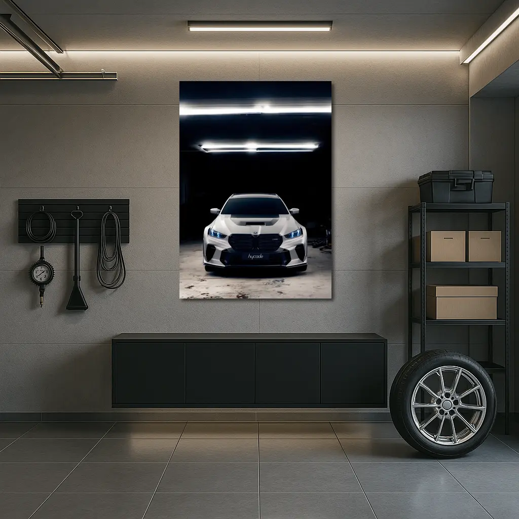 BMW M5 White Front View Dark Garage – Wall Art