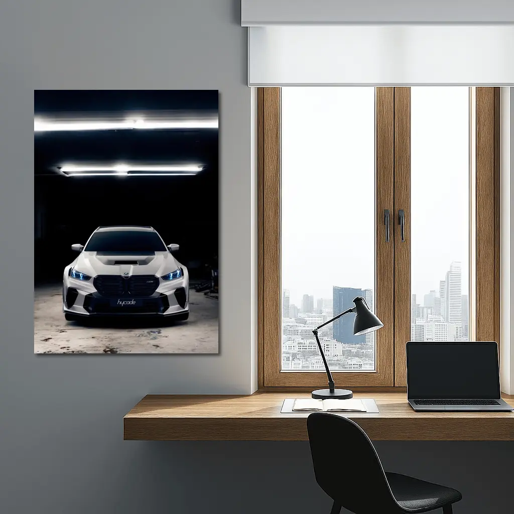 BMW M5 White Front View Dark Garage – Wall Art