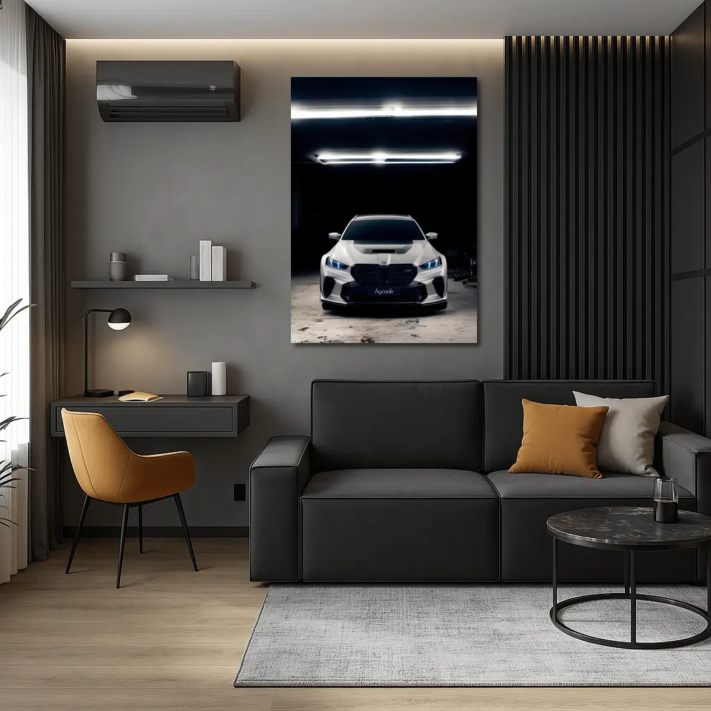 BMW M5 White Front View Dark Garage – Wall Art
