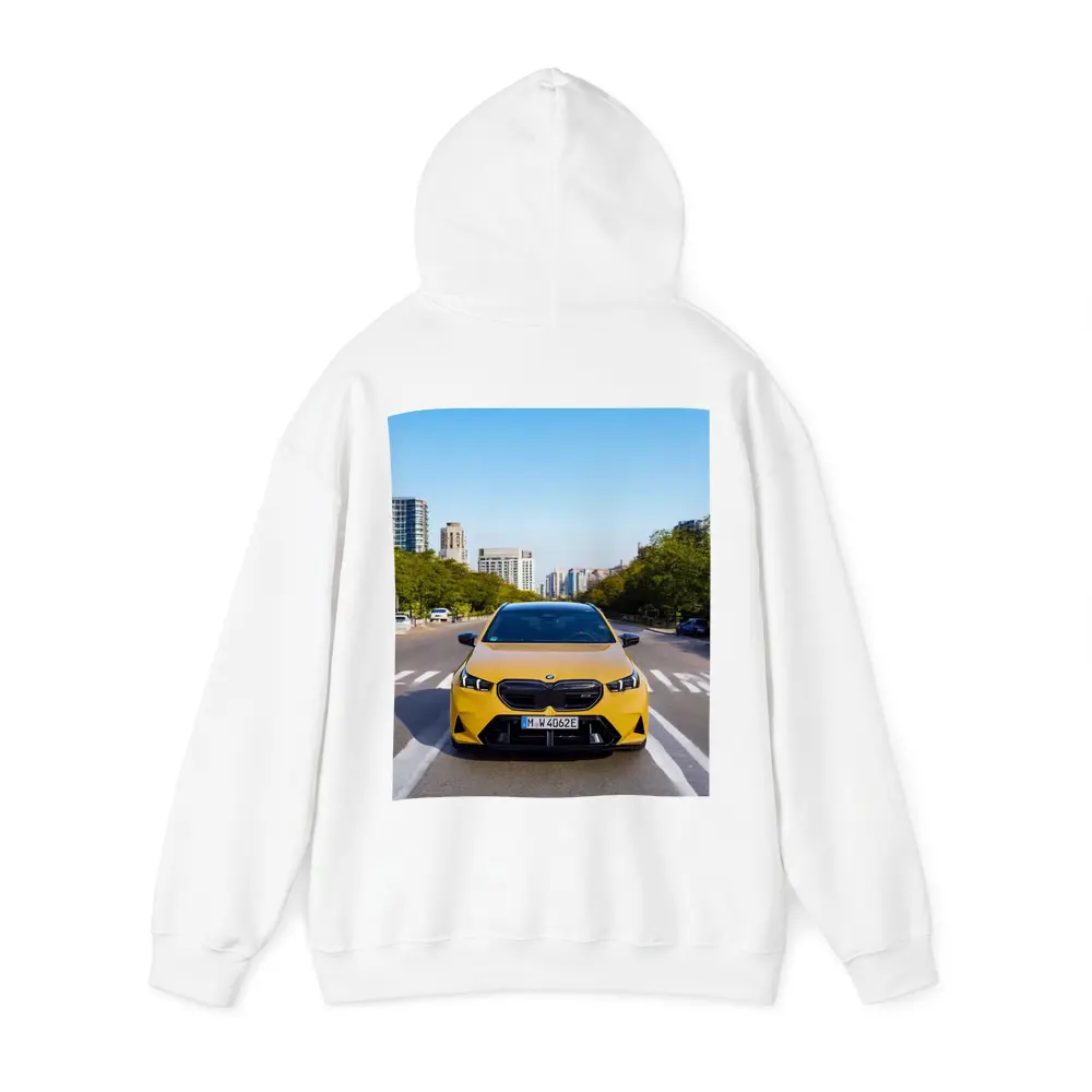 BMW M5 Yellow Front View City Street – Hoodies