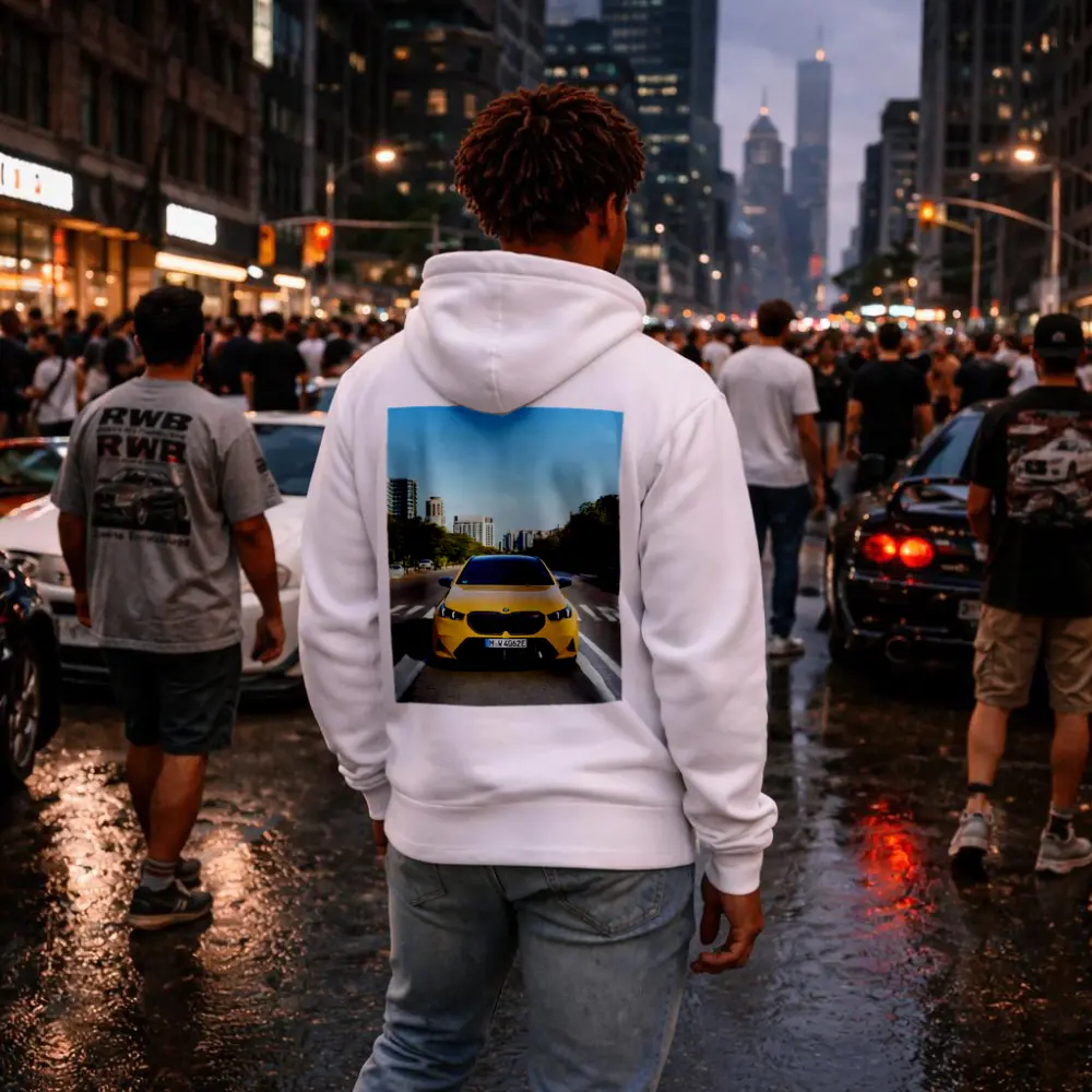 BMW M5 Yellow Front View City Street – Hoodies