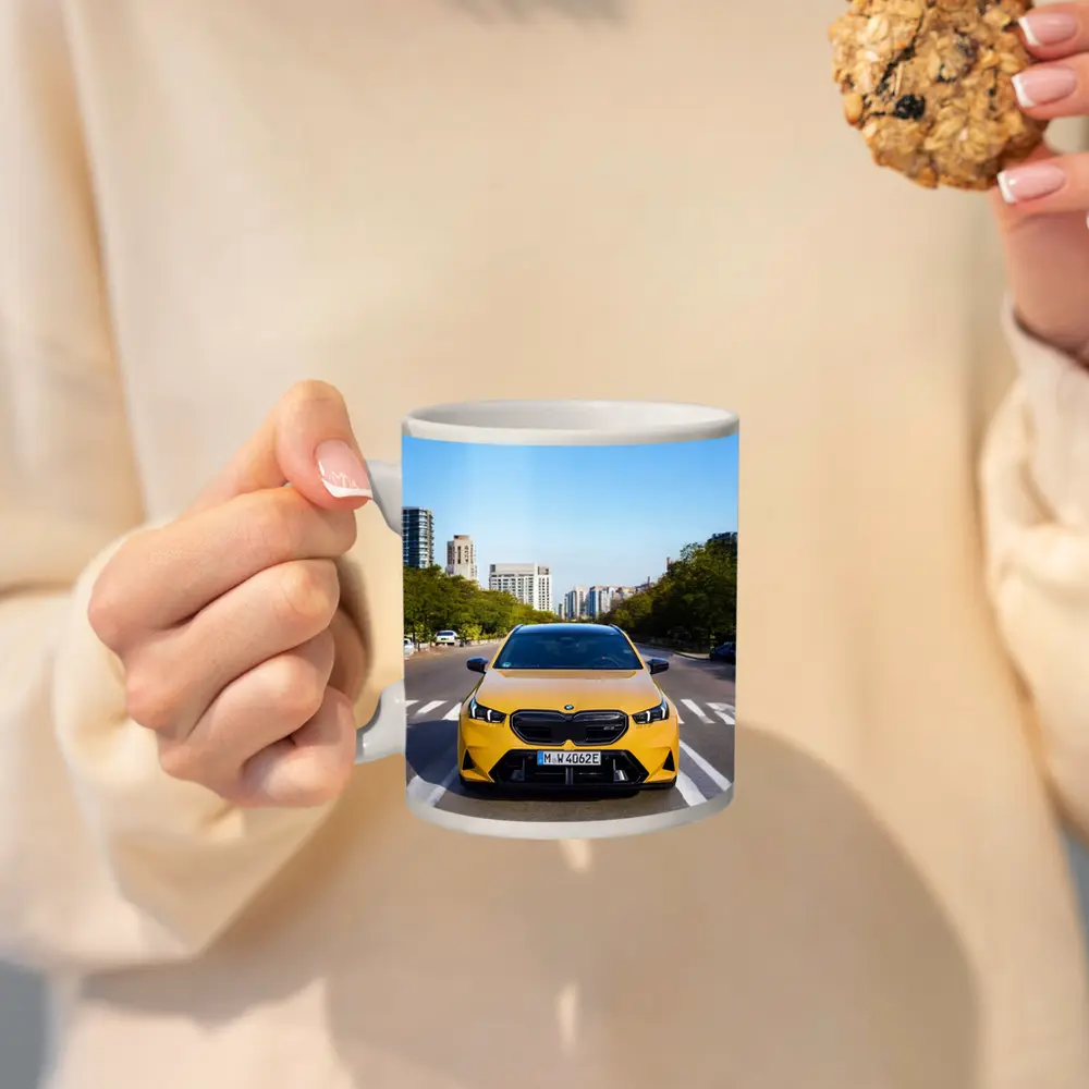 BMW M5 Yellow Front View City Street – Mugs