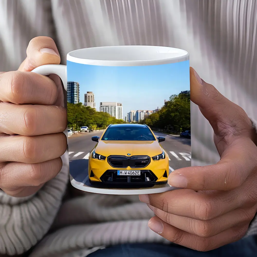 BMW M5 Yellow Front View City Street – Mugs
