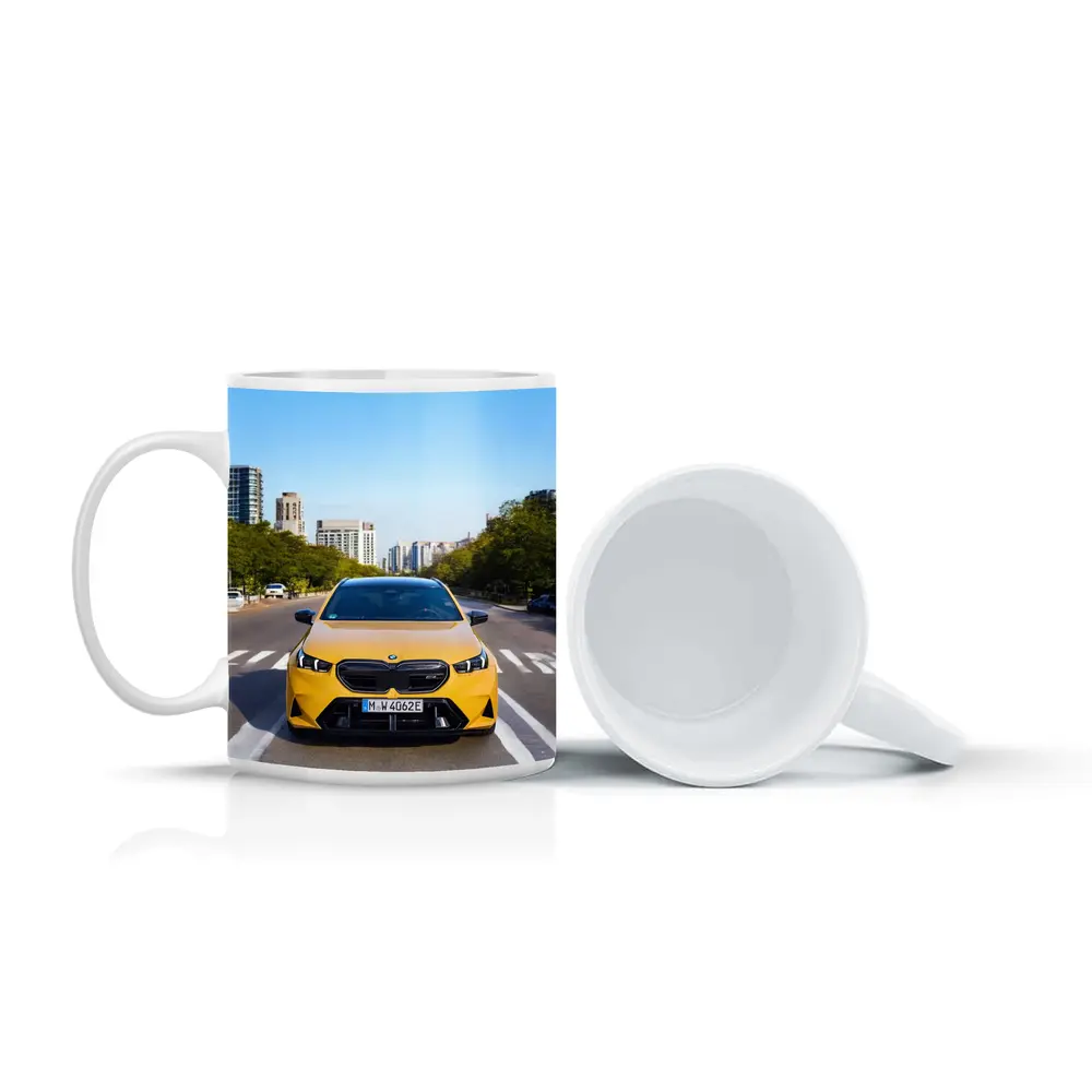 BMW M5 Yellow Front View City Street – Mugs