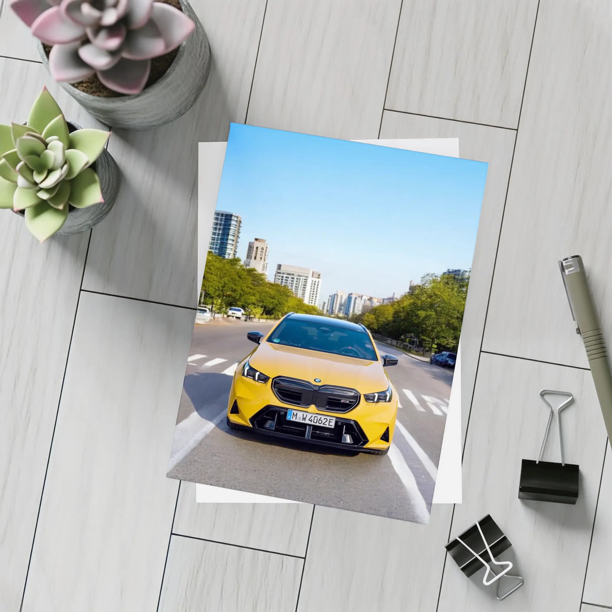 BMW M5 Yellow Front View City Street – Postcards
