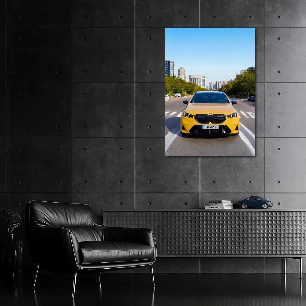 BMW M5 Yellow Front View City Street – Wall Art