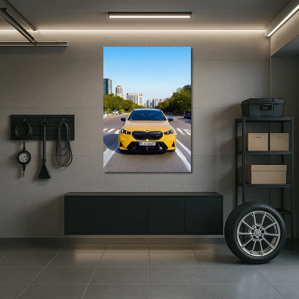 BMW M5 Yellow Front View City Street – Wall Art