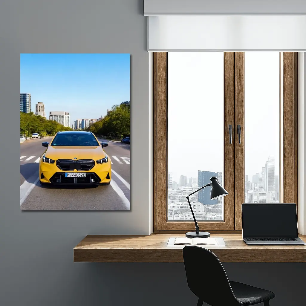 BMW M5 Yellow Front View City Street – Wall Art