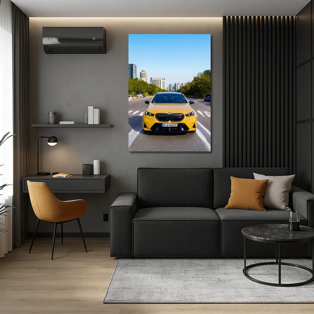 BMW M5 Yellow Front View City Street – Wall Art
