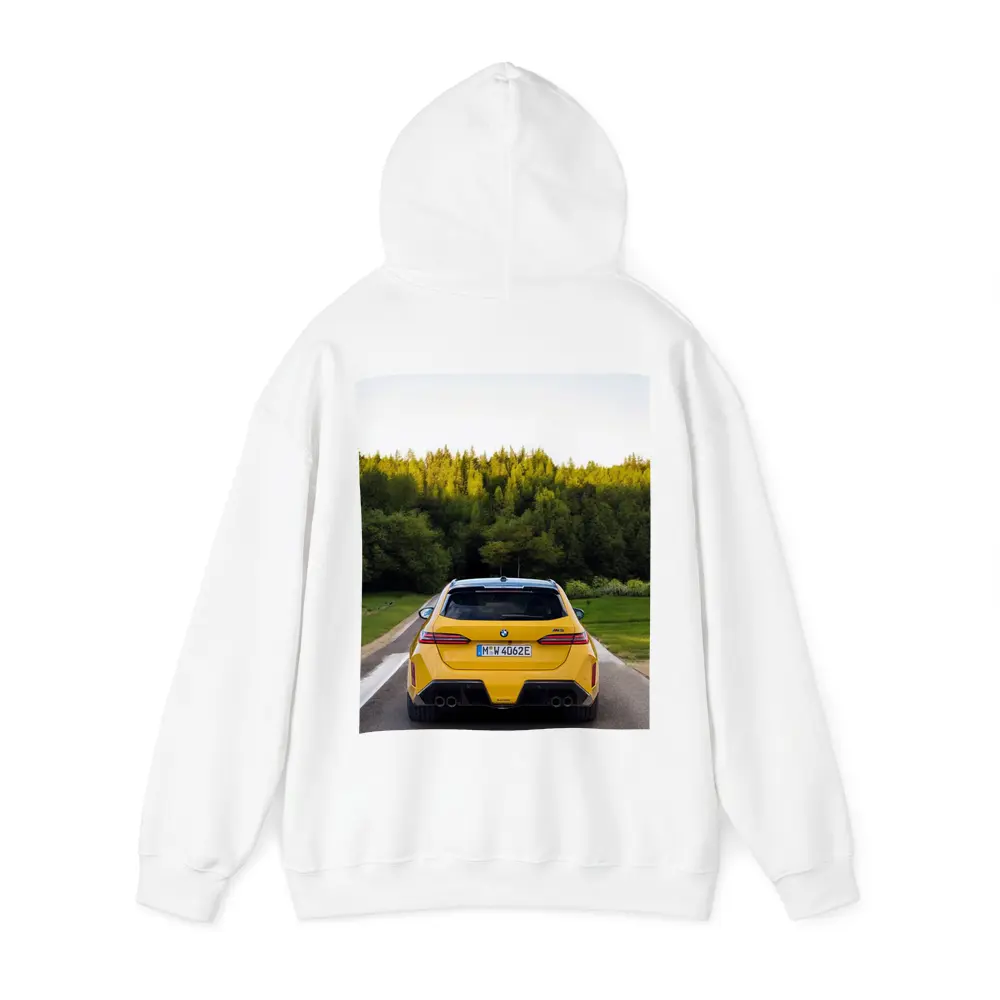 BMW M5 Yellow Rear View Forest Road – Hoodies