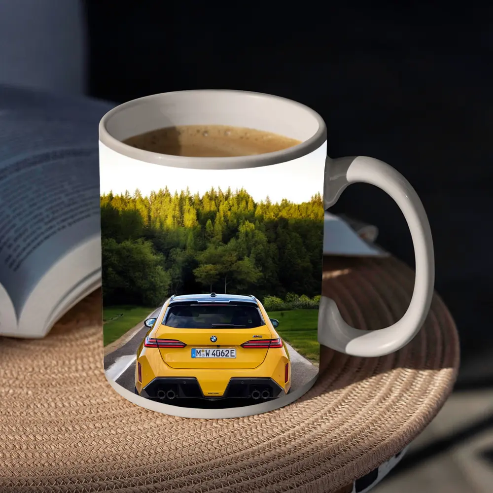 BMW M5 Yellow Rear View Forest Road – Mugs