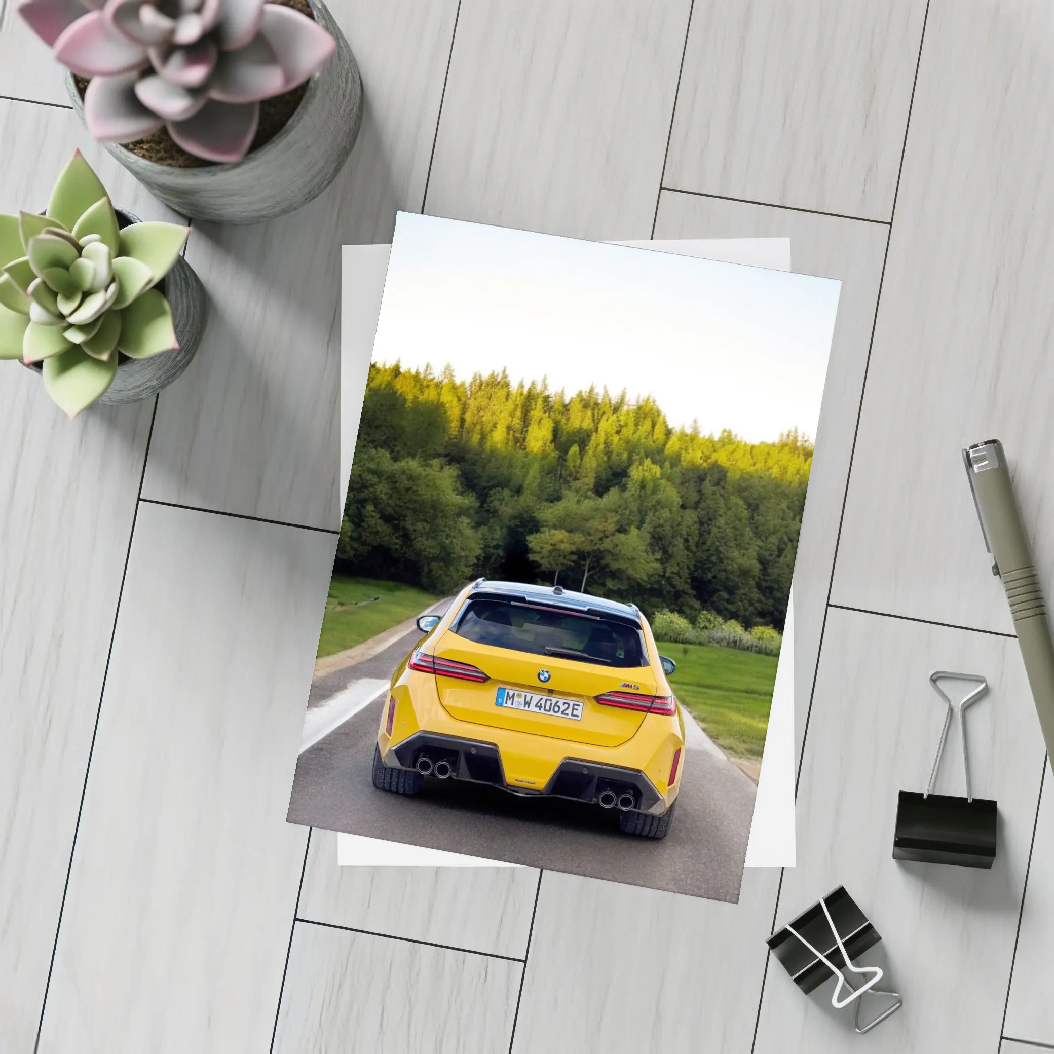 BMW M5 Yellow Rear View Forest Road – Postcards
