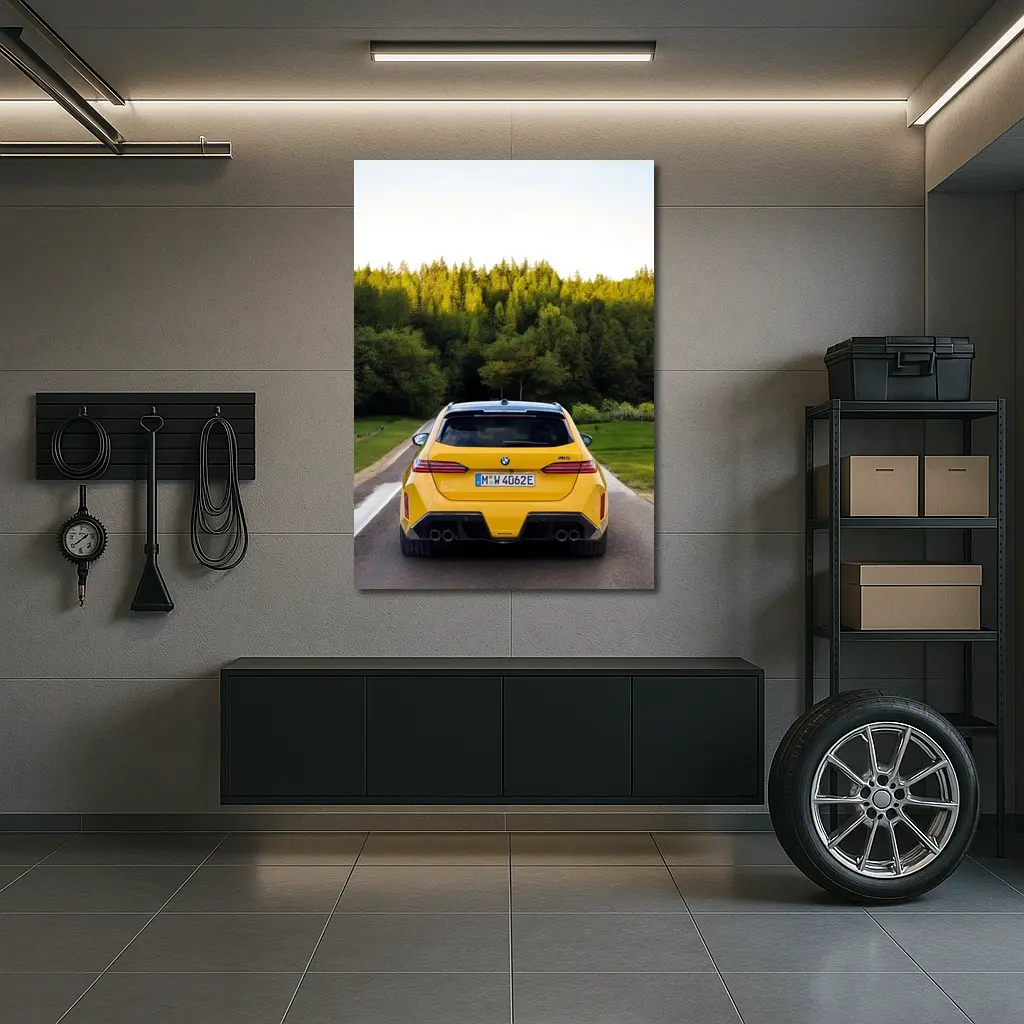 BMW M5 Yellow Rear View Forest Road – Wall Art