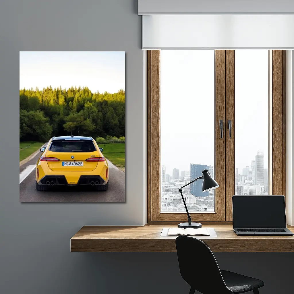 BMW M5 Yellow Rear View Forest Road – Wall Art