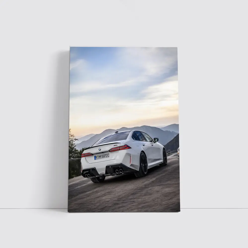 BMW M5 White Sedan Mountain Road Sunset – Wall Art