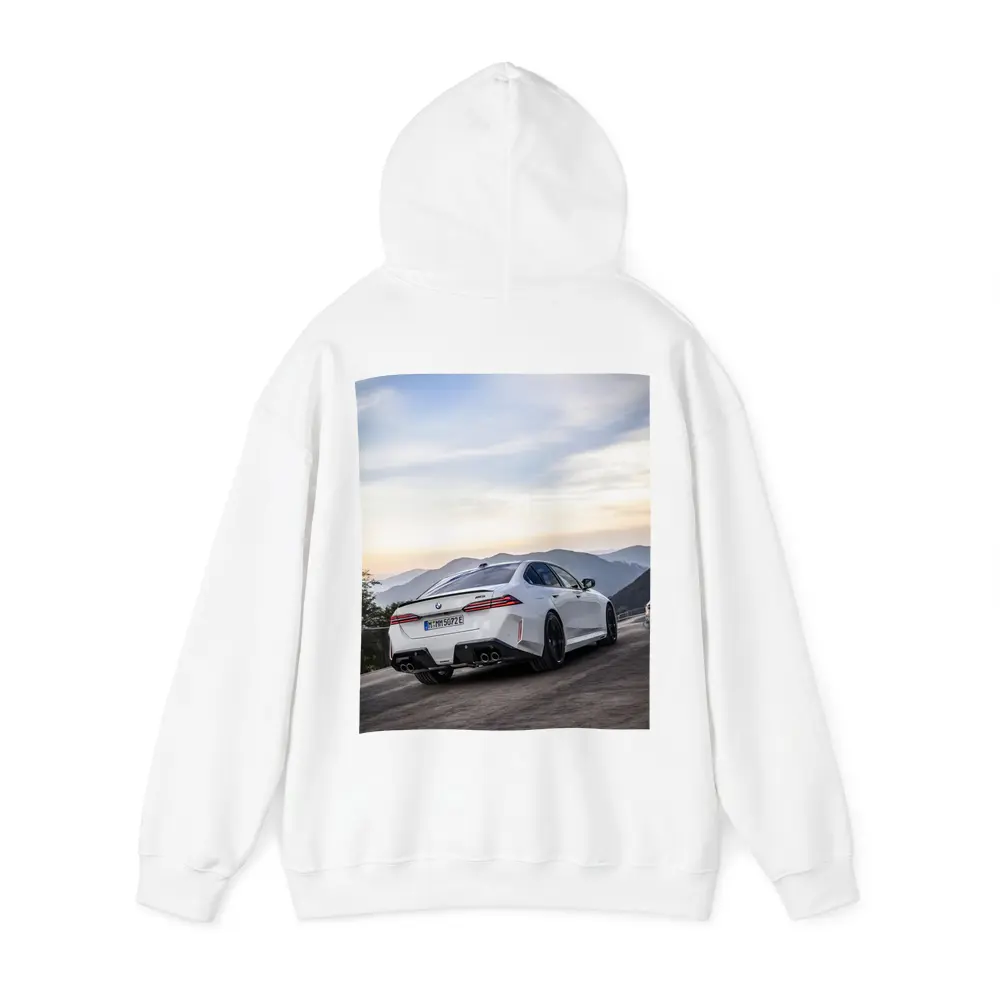 BMW M5 White Sedan Mountain Road Sunset – Hoodies
