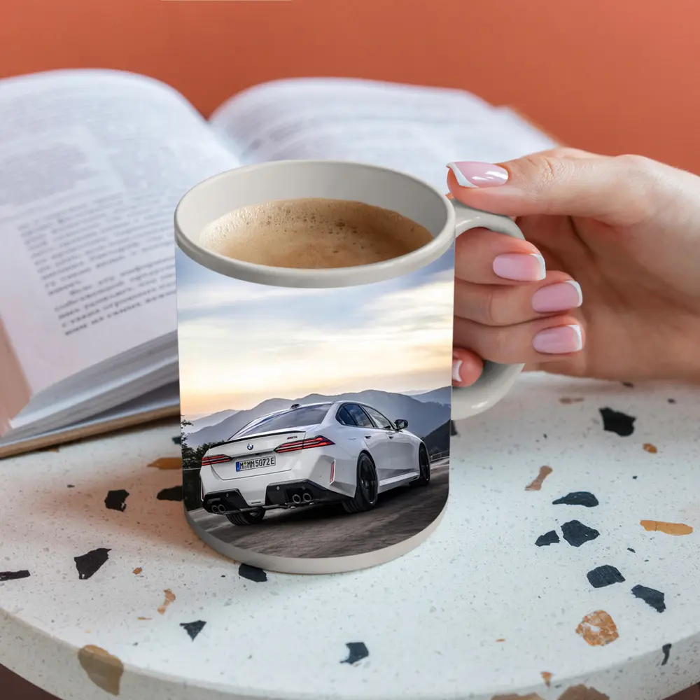 BMW M5 White Sedan Mountain Road Sunset – Mugs