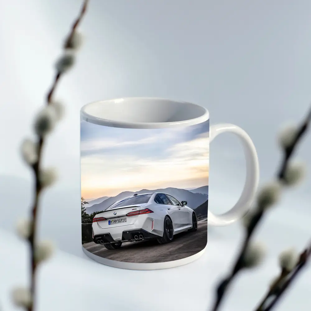 BMW M5 White Sedan Mountain Road Sunset – Mugs