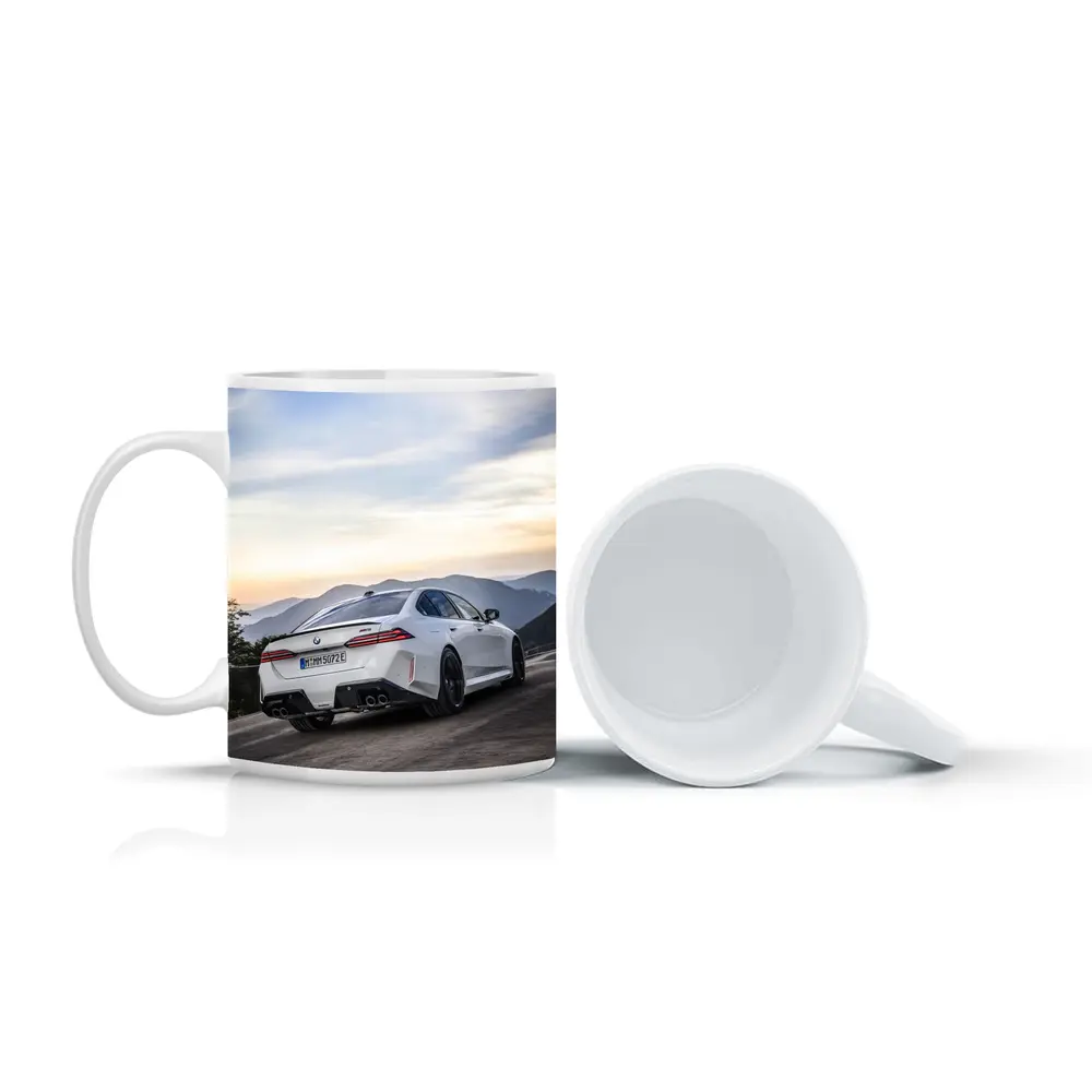 BMW M5 White Sedan Mountain Road Sunset – Mugs