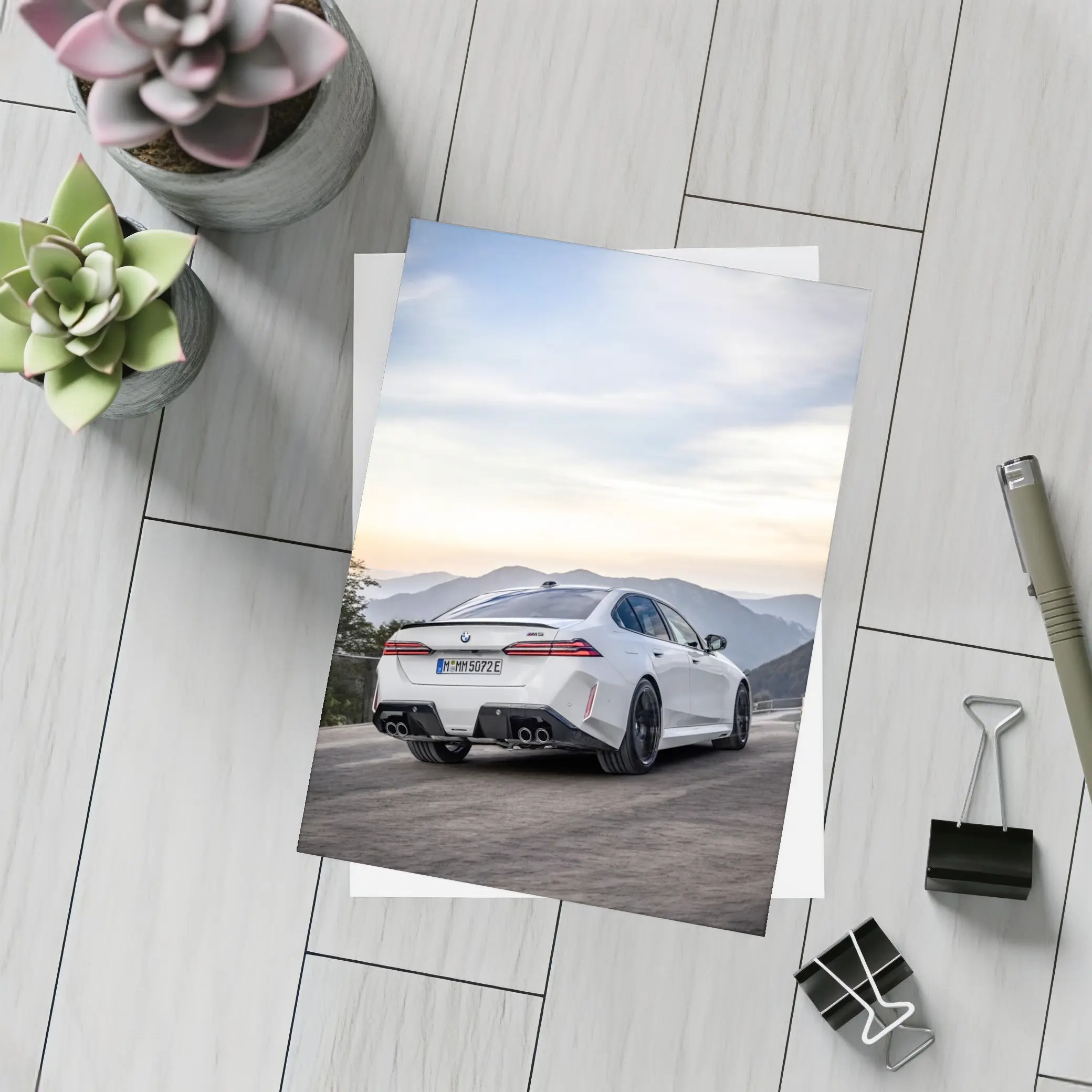BMW M5 White Sedan Mountain Road Sunset – Postcards