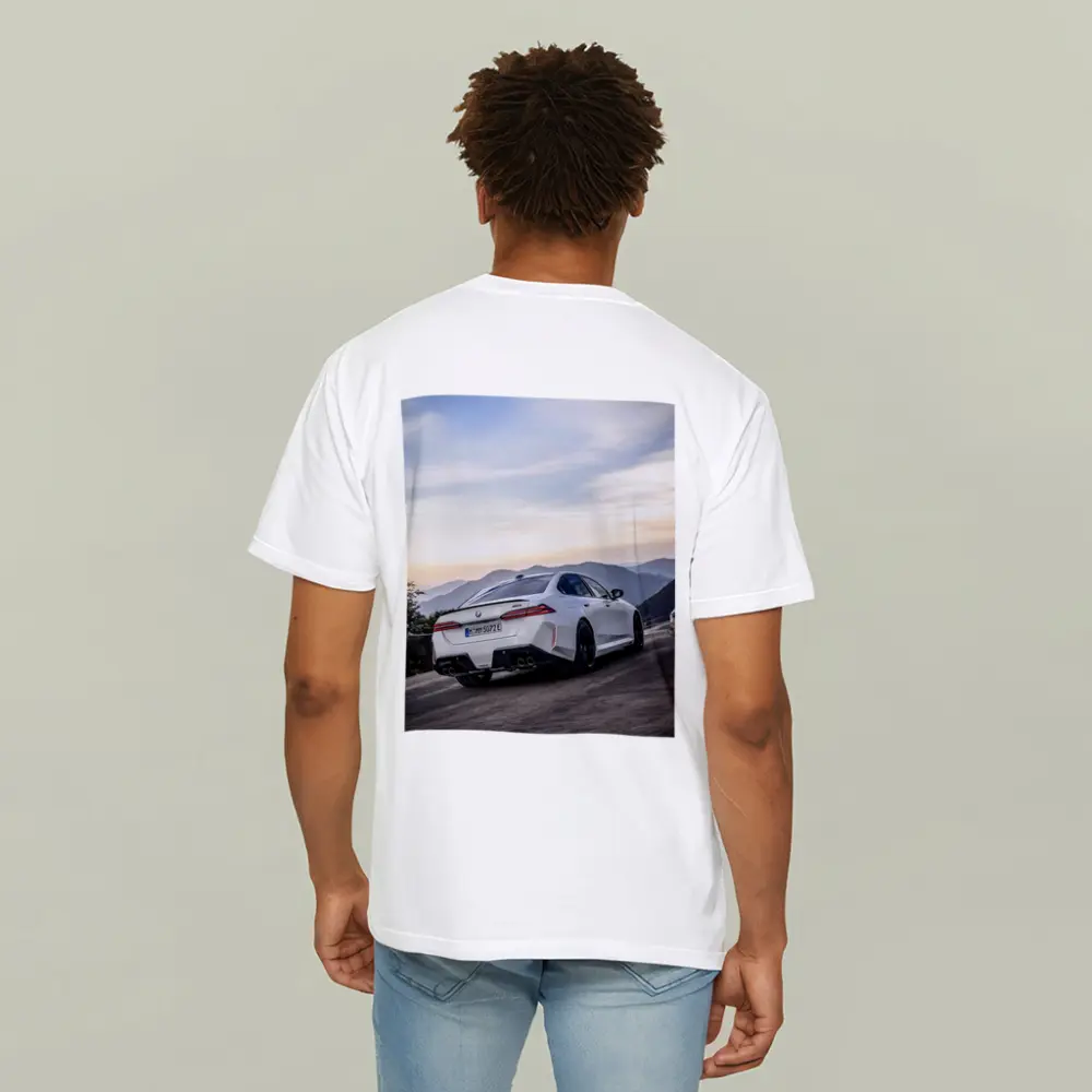BMW M5 White Sedan Mountain Road Sunset – T-Shirts