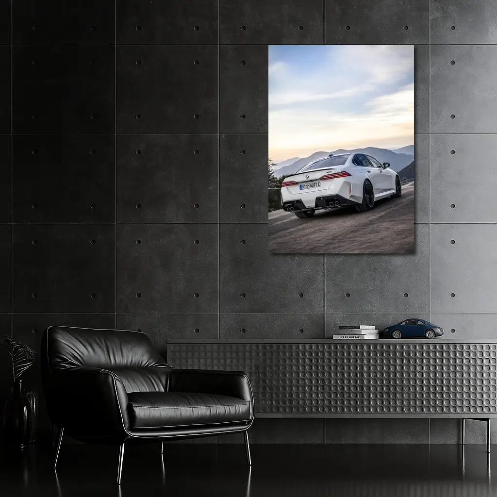 BMW M5 White Sedan Mountain Road Sunset – Wall Art