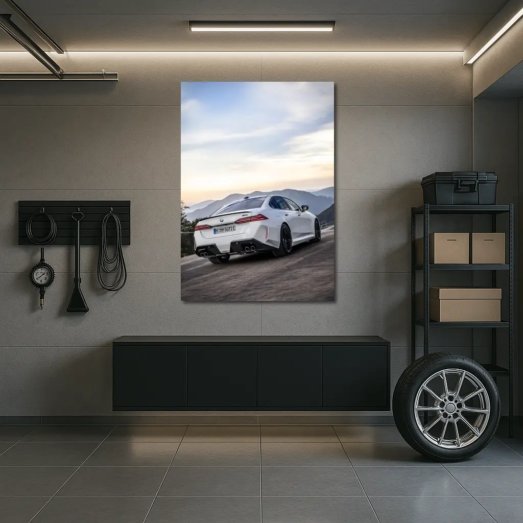 BMW M5 White Sedan Mountain Road Sunset – Wall Art