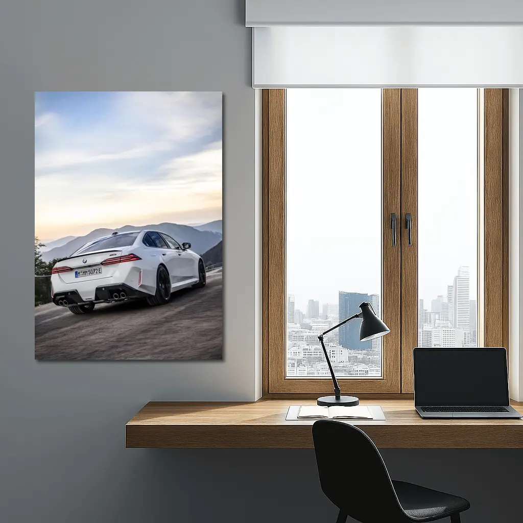BMW M5 White Sedan Mountain Road Sunset – Wall Art