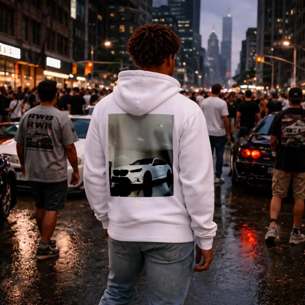 BMW M5 White Sedan Indoor Garage – Hoodies