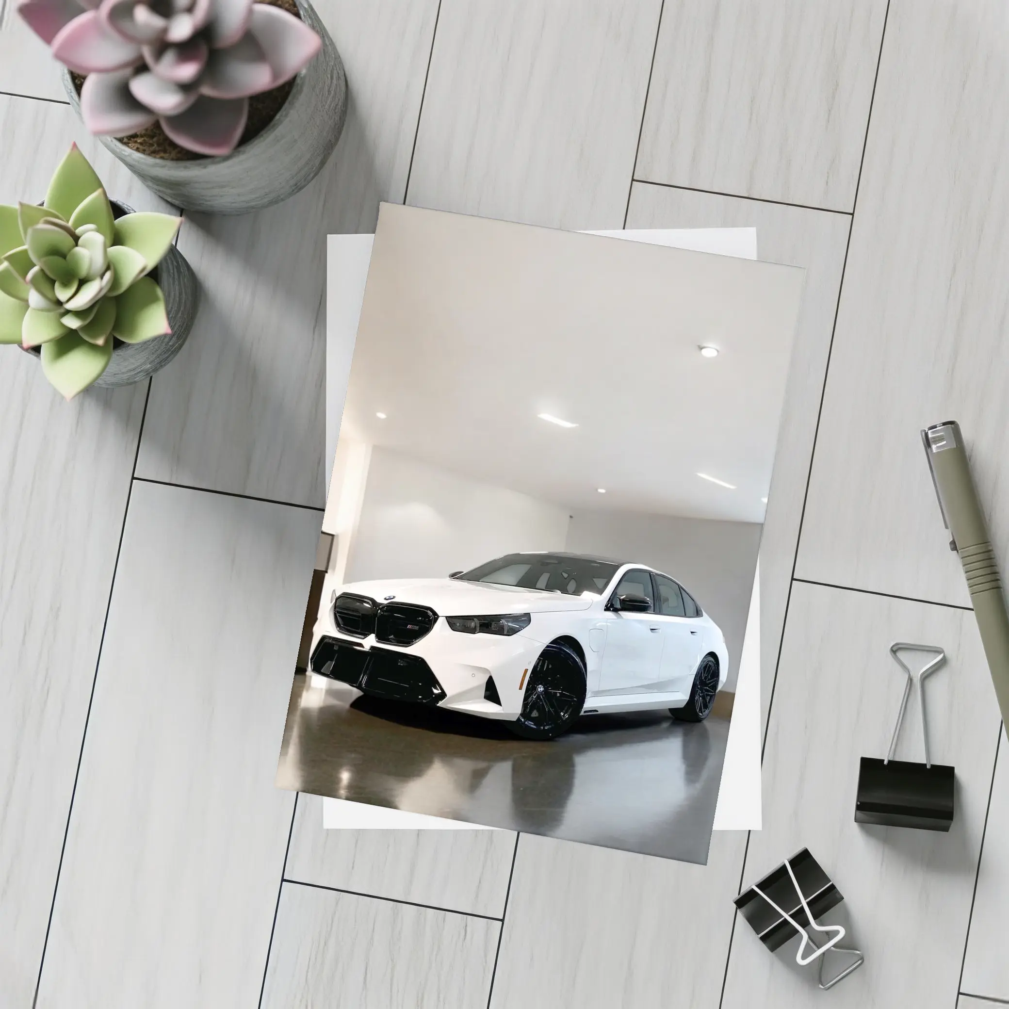 BMW M5 White Sedan Indoor Garage – Postcards