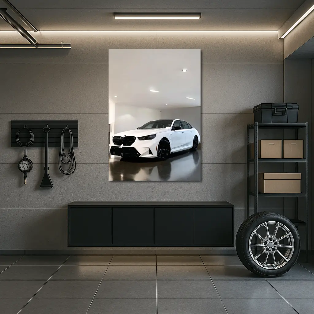 BMW M5 White Sedan Indoor Garage – Wall Art