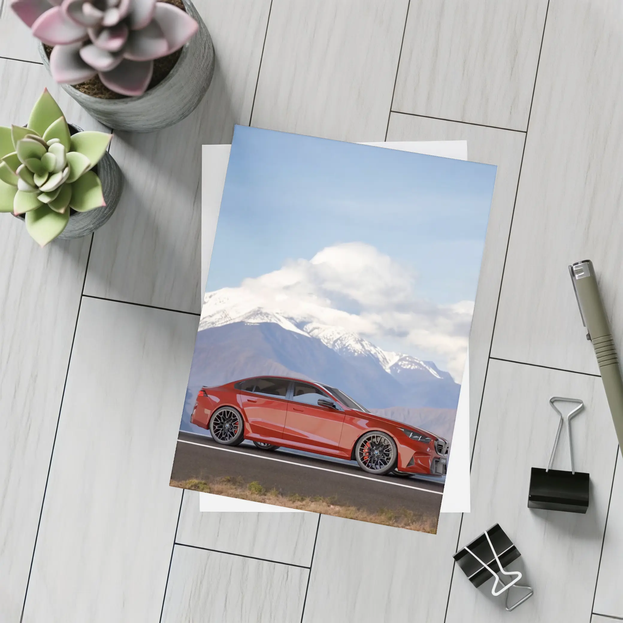 BMW M5 Red Sedan Mountain Road – Postcards