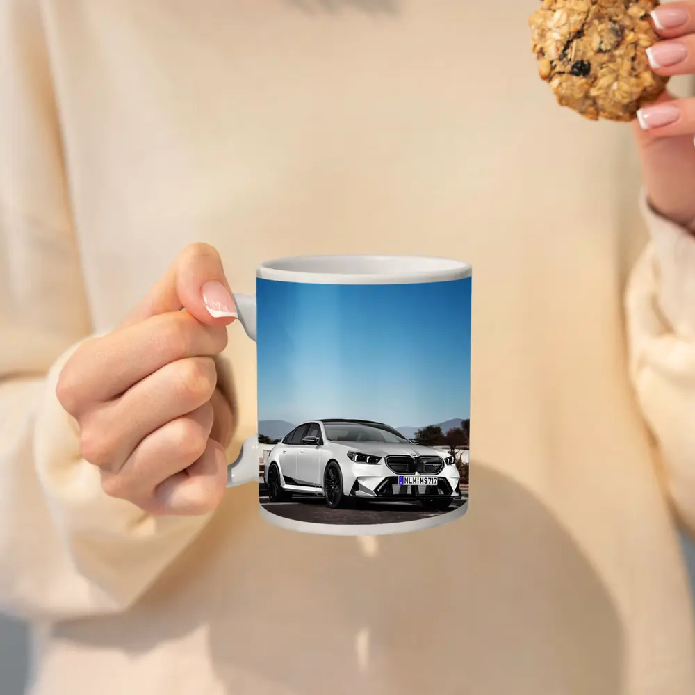 BMW M5 White Sedan Open Road Sky – Mugs