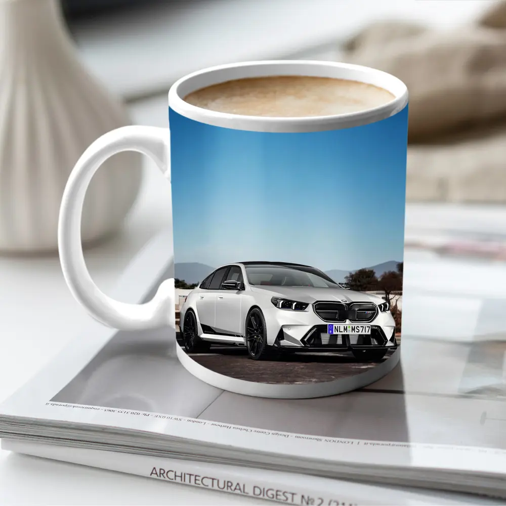 BMW M5 White Sedan Open Road Sky – Mugs