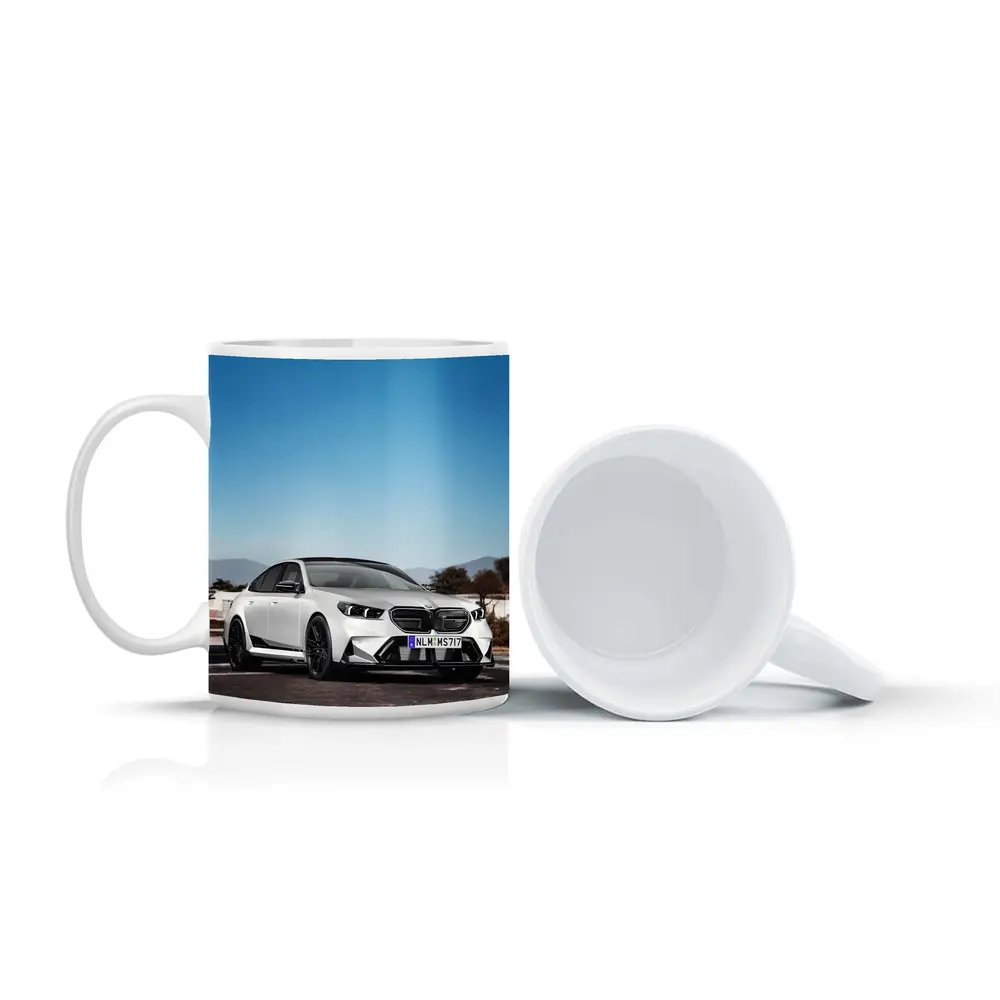 BMW M5 White Sedan Open Road Sky – Mugs