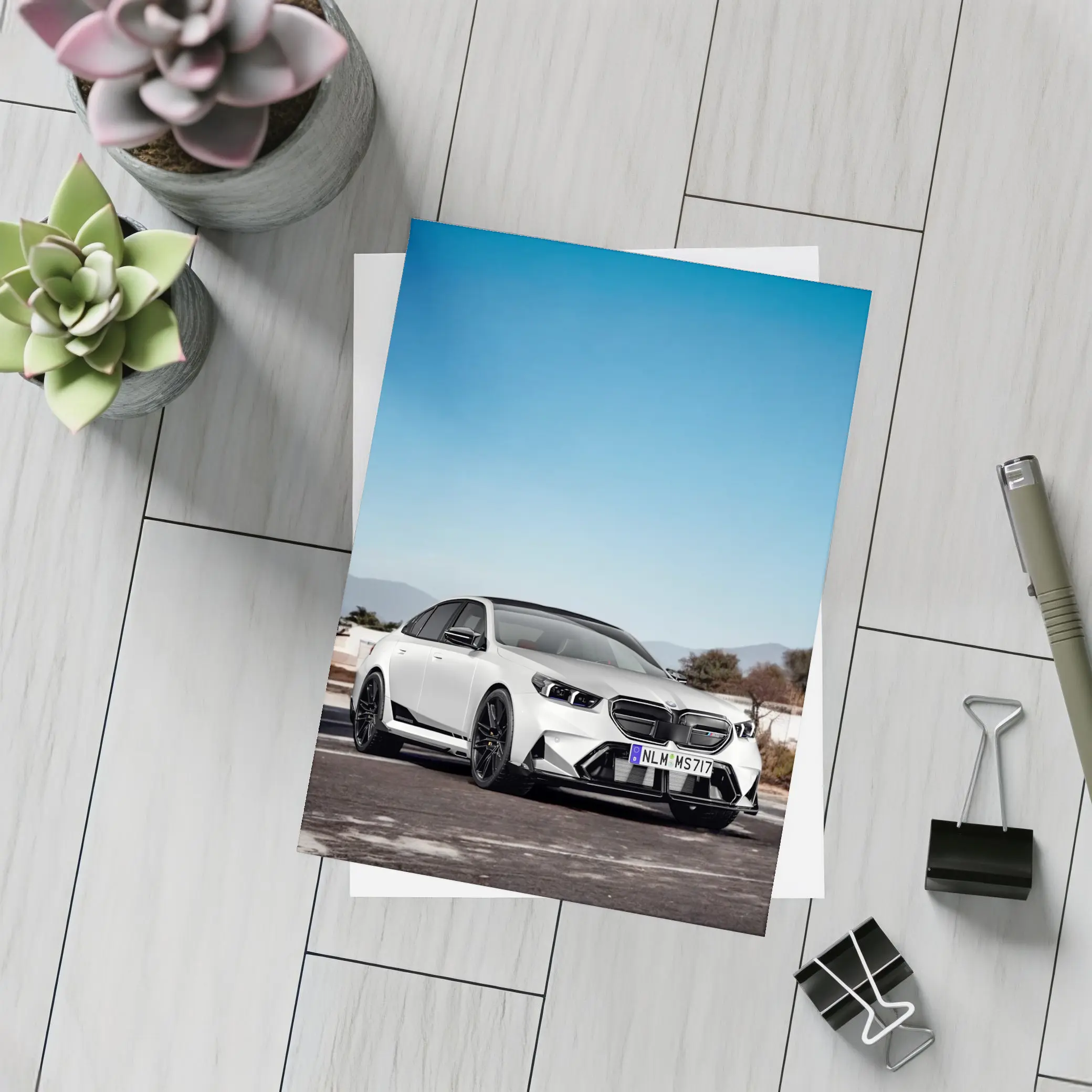 BMW M5 White Sedan Open Road Sky – Postcards