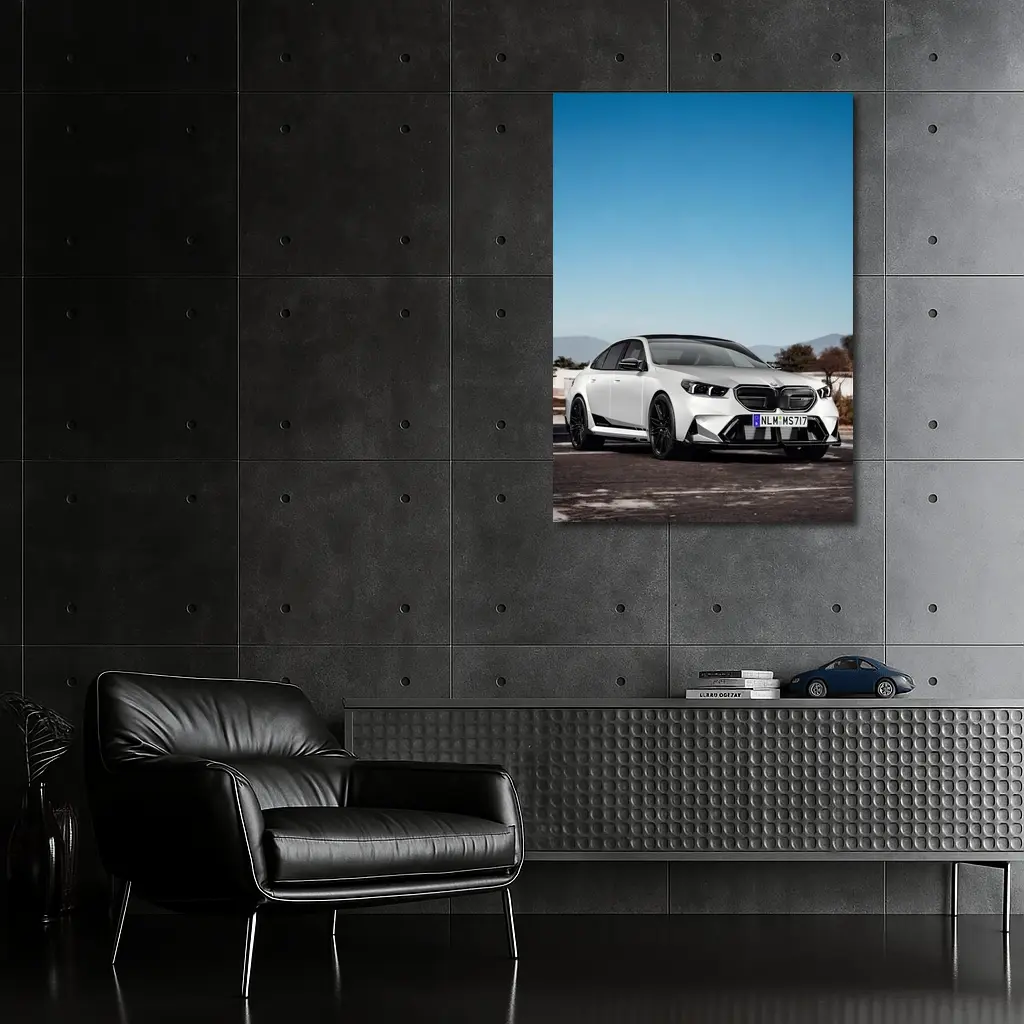 BMW M5 White Sedan Open Road Sky – Wall Art